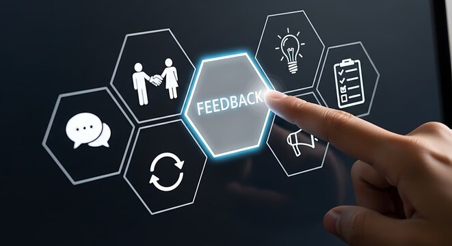Hand touching a digital feedback button on a touchscreen display with various business like handshake, light bulb, and checklist in a dark room