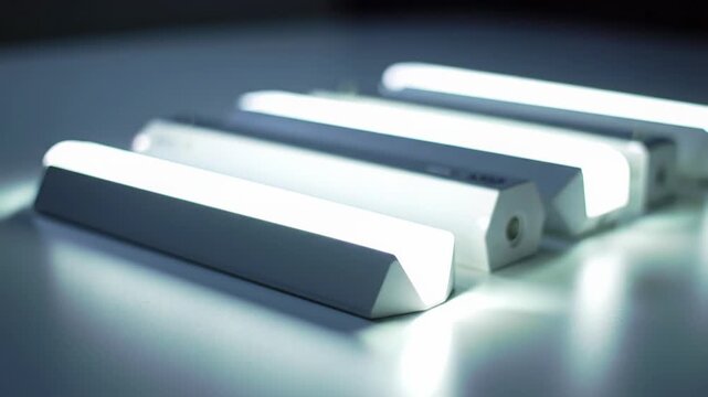 Sleek, modern light units on a pristine, polished white surface sequentially illuminate as a slow tracking video with rack focus glides right, culminating in a unified brilliant light. Concept of