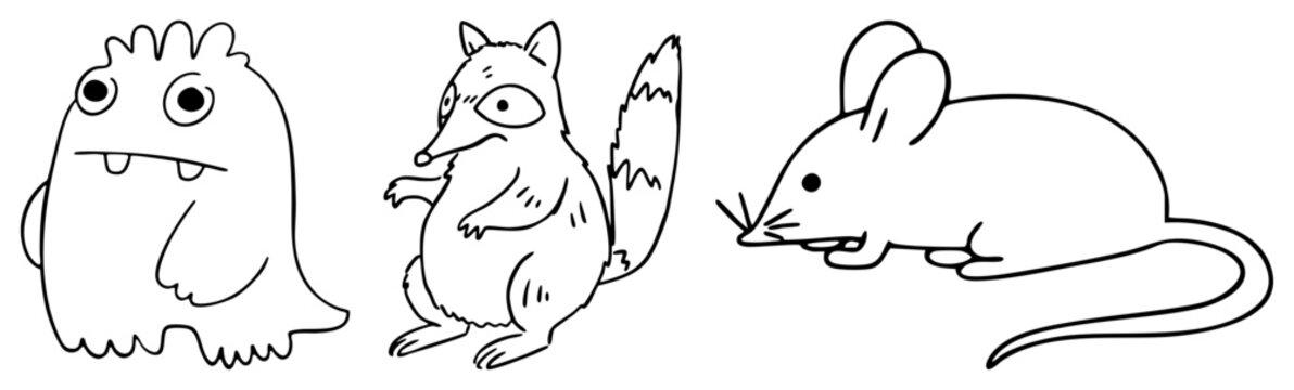 Playful collection featuring a little, a bushy tailed raccoon, and a tiny mouse. These doodle critters are drawn in a clean style for versatile design projects.