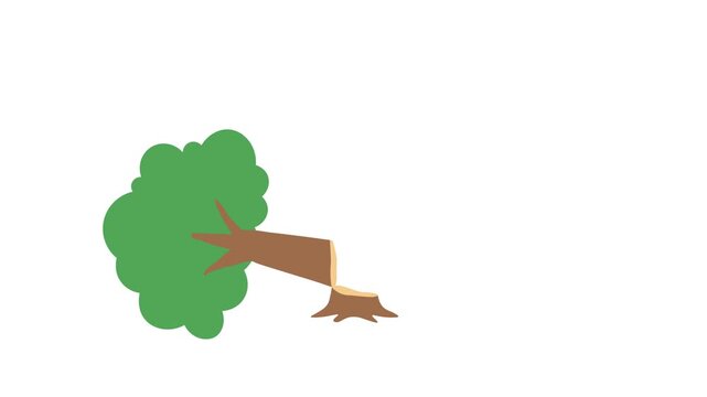 Animation Of A Tree Falling After Being Cut Near The Base. Isolated Green Forest Tree Tilting And Collapsing To The Ground. Simple Cartoon Style.  Deforestation, Failure, and Collapse Concept