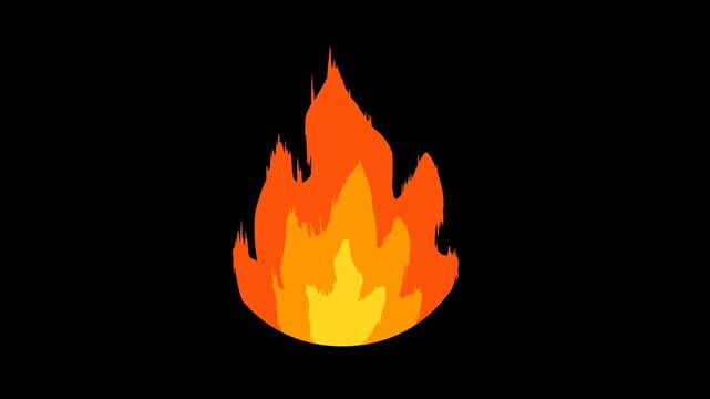 Animated Fire Flame Loop Isolated On Black Background Flat Cartoon Animation. Bright Orange, Yellow And Gold Flame Shapes Flickering Campfire