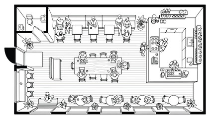 Naklejka premium Architectural floor plan of a modern cafe, top view interior layout with furniture and people, restaurant floorplan vector illustration