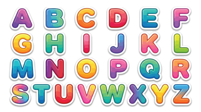 Colorful alphabet sticker set, vibrant gradient bubble letters from A to Z, playful nursery typography vector collection for children education