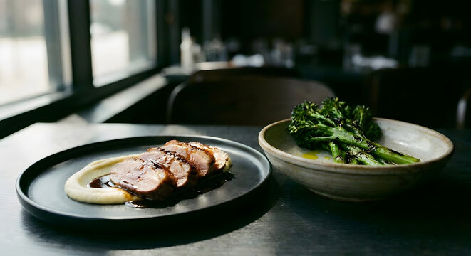 Sliced roasted duck breast with balsamic glaze and charred broccolini