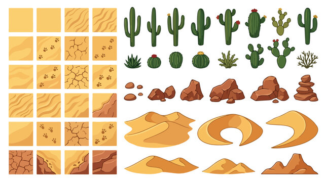 Desert landscape game assets, cartoon cactus and sand dunes vector collection, arid environment tile set for level design and map building