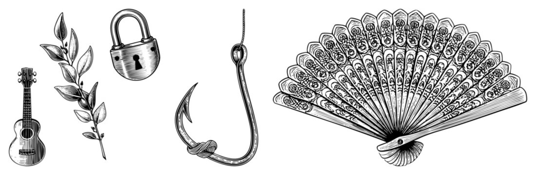 Set of detailed woodcut engravings featuring a small uke, a botanical sprig, a heavy latch, a sharp fishing tackle, and an ornate hand fan. These antique sketches capture classic elements.