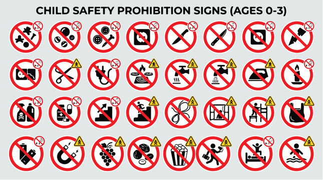 Child safety prohibition signs for ages 0-3, set of 32 warning icons for baby protection, red forbidden symbols for household hazards and choking risks