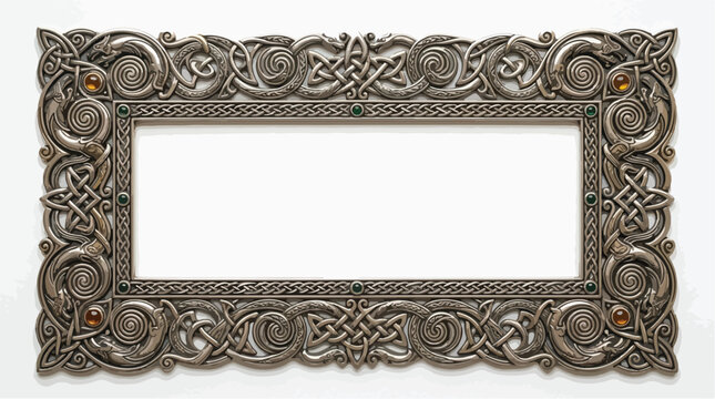 Celtic knotwork silver frame, ornate medieval metal border with amber gemstones, antique nordic viking style rectangular decorative frame vector