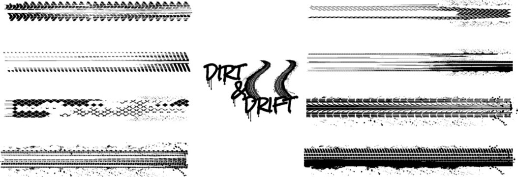 Diverse collection of black grungy tire track patterns with distinct skid marks and a central 'Dirt & Drift' text design on a white background