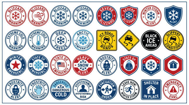 Winter weather emergency icons set, blizzard warning and extreme cold alert badges, 32 vector signs for icy roads and snow safety