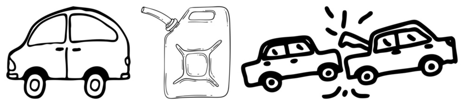 Simple doodle set featuring a small ride, a fuel jug, and a fender bender. This set includes a motor vehicle, a gas can, and two clashing auto silhouettes in a minimalist art style.
