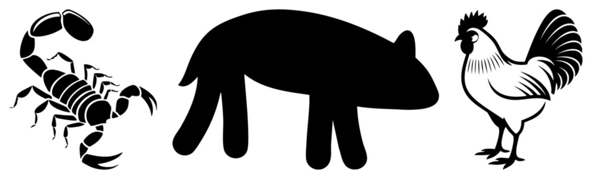 Collection featuring a stinging arachnid, a farm hog silhouette, and a detailed rooster poultry. These animal shapes include a creepy crawly, a swine, and a cock.