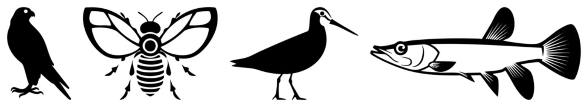 Clean set of animal featuring a raptor, a honeybee, a shorebird, and a fish. This fauna collection includes a winged bug, a predator, a water creature, and a sandpiper silhouette.