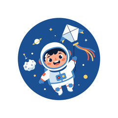 Fototapeta premium A cheerful young boy in a white spacesuit floats through the galaxy flying a colorful kite amidst shimmering stars and distant planets.