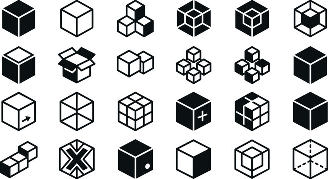 Cube Collection Illustration Featuring Geometric and Abstract Scenes in Vector Artwork