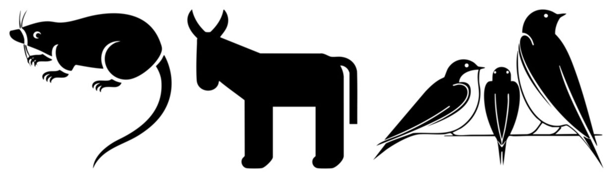 This graphic collection features a sleek rodent or vermin, a sturdy burro, and a trio of songbirds. These animal silhouettes use clean and high contrast for a modern aesthetic.