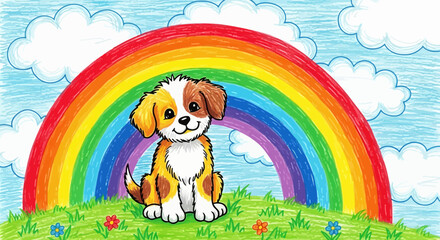 Cute Cartoon Puppy Dog Sitting in a Meadow with a Rainbow © Djiwa
