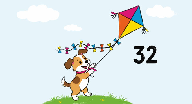 Cute Cartoon Puppy Flying a Colorful Kite with Number 32