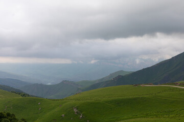 Fototapeta premium Scenic view of rolling green alpine hills and distant mountain ridges under dramatic storm clouds near Aktoprak, Kabardino-Balkaria, Russia