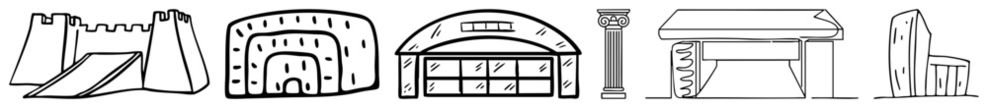 Hand drawn art featuring a fortress, ancient amphitheater, modern dome, classical column, and contemporary skyscraper. These urban silhouettes and building capture various structural sty