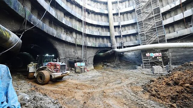 Crawler excavator performing excavation in front of a tunnel portal inside a metro shaft [cite: AA_18.jpg]. Deep excavation, retaining wall, and infrastructure field work