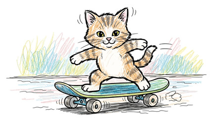 Cute Cartoon Tabby Kitten Riding a Skateboard © Djiwa