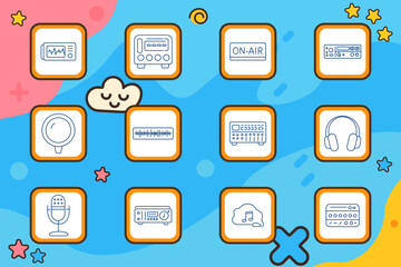 Fototapeta premium Audio equipment set icon. Oscilloscope, control unit, on air sign, radio device, speaker, equalizer scale, amplifier, headphones, microphone, receiver, cloud music, mixer console arranged in frames