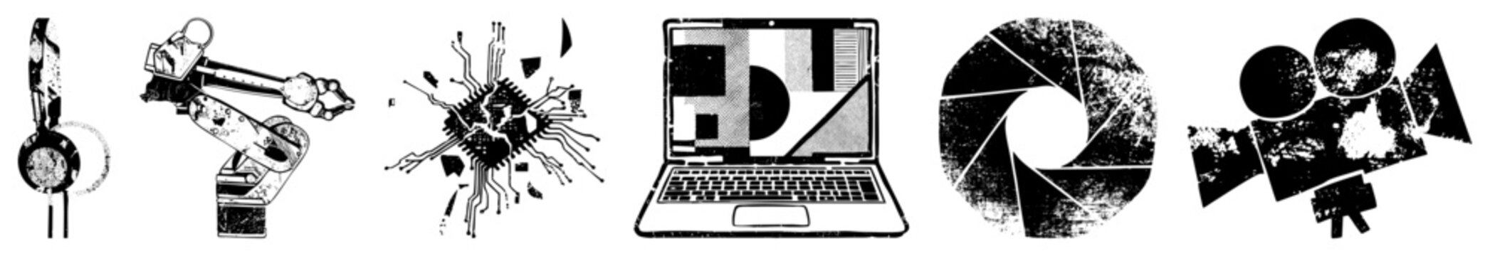 This set includes a mechanical claw, an intricate chip, and a laptop, all rendered in a distressed stencil style. These tech bits and computer hardware elements feature a heavy grunge texture.