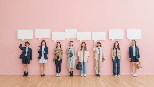 広い余白のある白い吹き出しと日本人女性のアンケート写真