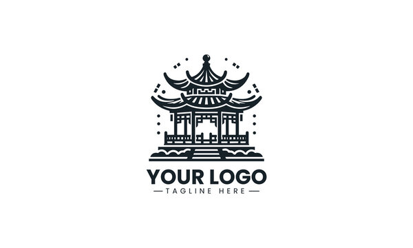 Traditional Asian pavilion minimalist black vector logo