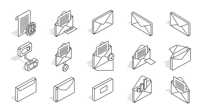 Email, envelope, and mailbox icons, 16 grayscale line art symbols, communication and mail vector graphics