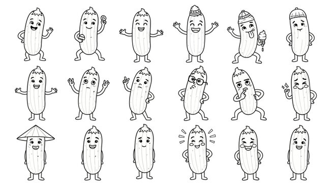 Funny Cartoon Sushi Characters, Cute Food Illustrations, Black and White Line Art, Vector Emotions Set