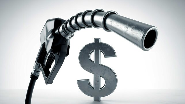 Shiny metallic fuel pump nozzle hovering above a large silver dollar sign representing the high cost of global energy prices