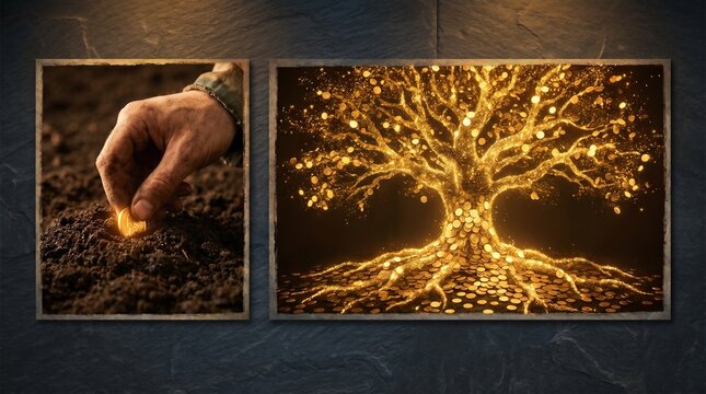 Golden coin planted in dark soil next to a massive glowing golden oak tree, a diptych metaphor for compounding interest and long-term investing.
