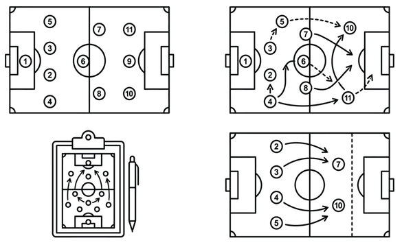 Professional vector illustration of soccer tactics showing player positions and movement patterns on a field