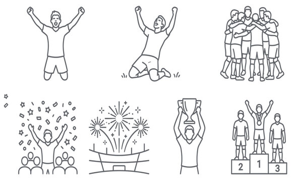 Set of professional vector graphic illustrations showing various sports athletes celebrating their big championship victory wins
