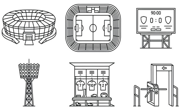 Black and white vector graphic illustration showing various essential elements of a modern professional soccer stadium