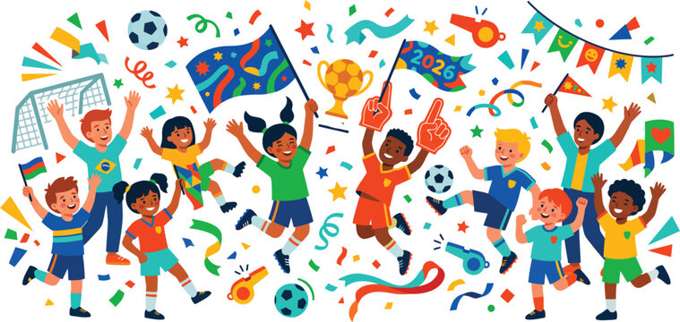 A vibrant illustration of a diverse group of happy children celebrating a soccer victory with flags confetti a trophy and sports equipment on white