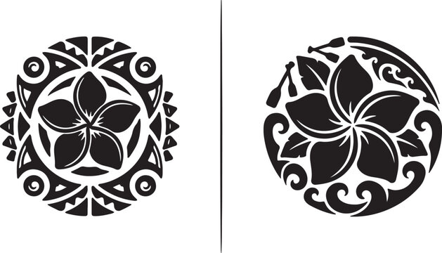 Two tribal tattoo designs with plumeria flowers, polynesian and hawaiian style