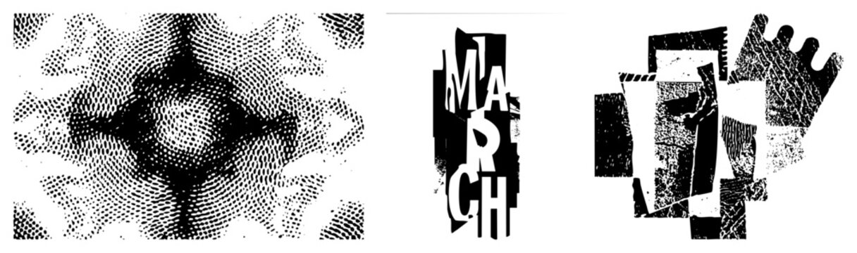 This experimental piece features a textured moir&eacute; alongside a distorted lettering element. The collage style assemblage uses high contrast halftone screentones and jagged paper cutouts.