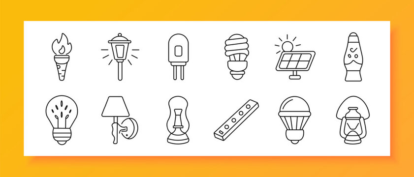 Lighting devices set icon. Line icons depict torch flame, street lamp, electric plug, spiral bulb, solar panel light, lava lamp, light bulb, wall lamp, candle holder, strip light, hanging lamp