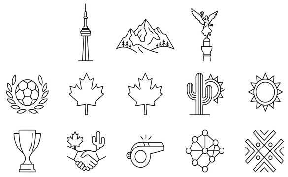 Collection of simple black outline vector icons representing various global landmarks sports and nature symbols design