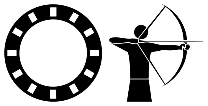 This striking graphic features a bowman aiming his longbow alongside a thick ringed target. The silhouette of the sharpshooter and the round bullseye frame create a strong athletic concept.