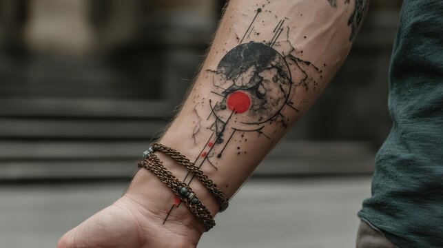 Close up of adult man arm with abstract black ink tattoo and red dot element wearing beaded bracelets outdoors with soft daylight Concept of self expression