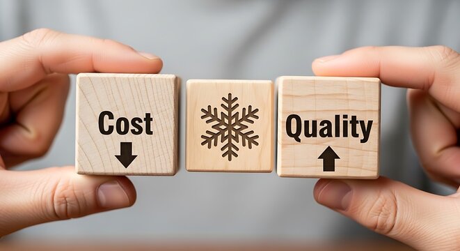 Hands holding wooden blocks displaying cost reduction and improvement symbolizing strategic business optimization and value