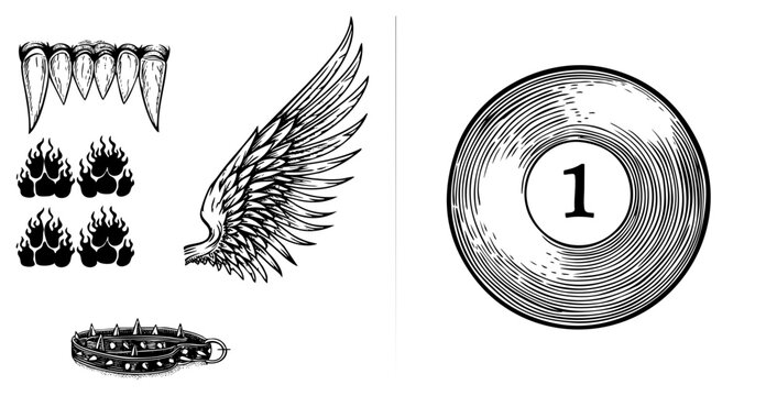 Dark collection of etched illustrations including a set of predator fangs, a majestic bird wing, and a collar. These grim reaper motifs and claw marks feature a vintage woodcut style.