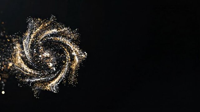 Abstract swirling vortex of golden and silver glitter particles creating a dynamic spiral on a dark black background