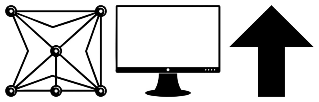 Sleek flat screen computer, also known as a monitor or display unit, sits beside a large upward arrow and a complex network node graph. This digital workstation setup includes a connectivity web.