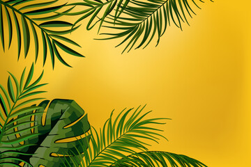 Decorative illustration with palm leaves on a colored background.Vector illustration with green palm leaves on yellow background. © Инна Федорова