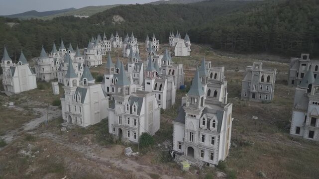 4K 10-bit close-up drone orbit shot rotating around abandoned Disney style castle spires in Burj Al Babas ghost town, Turkey